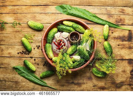 Raw Cucumbers And Ingredients For Cooking Pickled Cucumbers