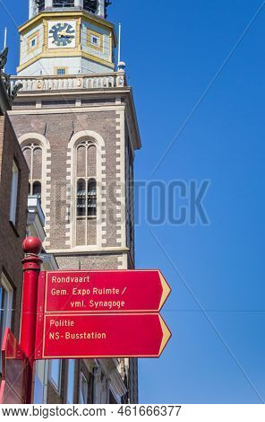 Tourist Sign In Front Of The Historic Tower Of Kampen, Netherlands