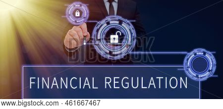 Hand Writing Sign Financial Regulation. Word For Aim To Maintain The Integrity Of Finance System