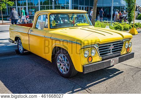 Falcon Heights, Mn - June 18, 2022: High Perspective Front Corner View Of A 1962 Dodge D100 Pickup T
