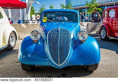 Falcon Heights, Mn - June 18, 2022: High Perspective Front View Of A 1947 Fiat 500 Topolino Coupe At