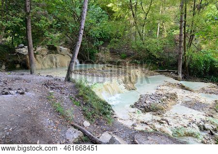 Milky Waters Of Cascading Hot Spring In Italy\'s Province Of Siena.