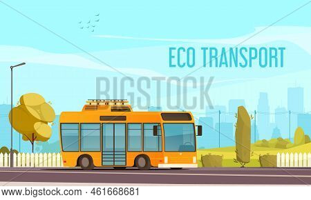 Ecto Transport Cartoon Poster With Electric Bus On Uptown Girl Vector Illustration