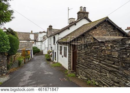 Hawkshead, Cumbria, Uk, 15 August 2018 - Facade Of A Stone Building In The Village Of Hawkshead In T