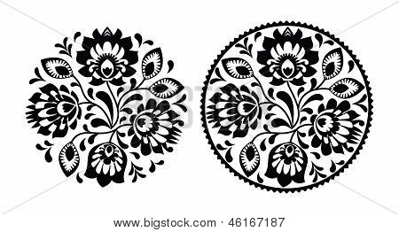 Folk bordado con flores - tradicionales polaco patrón redondo en monocromo