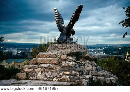 Eagle Statue At Night, Pyatigorsk, Stavropol Krai, Russia. Scenery Of Old Symbol Of Pyatigorsk Insta