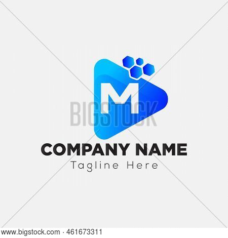 Play Button Logo On Letter M Template. Play Icon On M Letter, Initial Play Sign Concept
