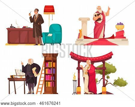 Philosopher 2x2 Design Concept Set Of Jean Paul Sartre Plato Laozi Tomas Hobbes Flat Compositions Ve