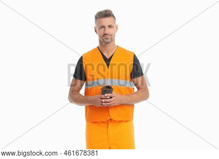 Engineer With Coffee Isolated On White, Studio. Man In Safety Vest Having Coffee Break