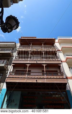 Icod De Los Vinos, Tenerife, Canary Islands, Spain, September 17, 2022: Vertical View. Wooden Balcon
