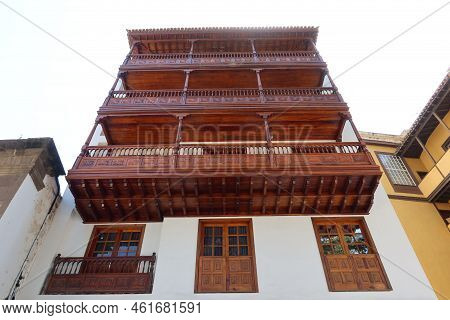 Icod De Los Vinos, Tenerife, Canary Islands, Spain, September 17, 2022: Wooden Balconies On A House 