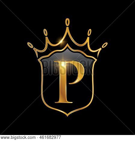 Golden Luxury Shield And Crown Vector Icon In Black Background With Initial Logo Letter P