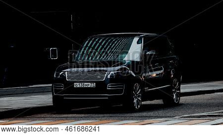 Black Range Rover L405 Car Parked On Street. Front Side View Of English Luxury Suv. Moscow, Russia -