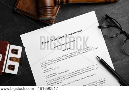 Last Will And Testament Near House Model, Glasses, Gavel On Black Table, Flat Lay