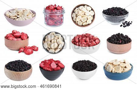 Set With Different Freeze Dried Berries And Bananas On White Background