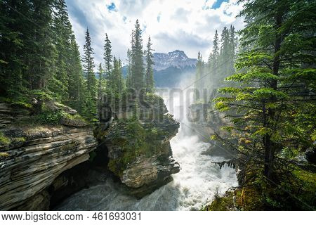 Very Misty Morning View Of Athabasca Falls Waterfall In Jasper National Park Canada