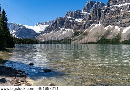 Bow Lake In Banff National Park Along The Icefields Parkway In Summer