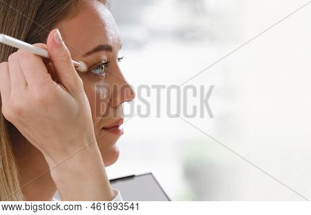 Nude Eye Make-up Close-up. Woman Applying Eyeshadow Powder. Processional Look Natural Female. Copy S