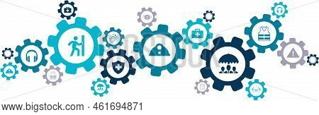 Health & Safety Vector Illustration. Blue Concept With Icons Related To Industrial Accident Preventi