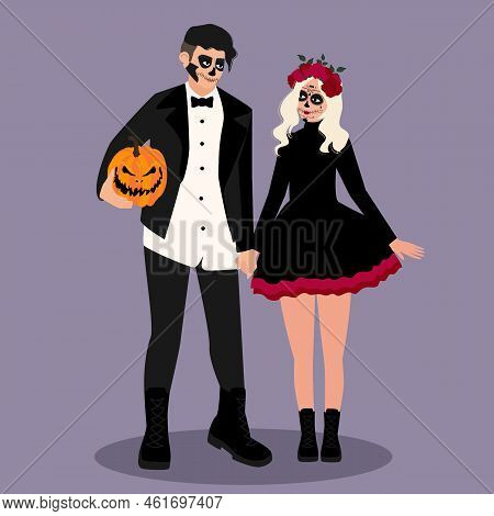 Couple In Holloween Costumes Dia De Los Muertos.