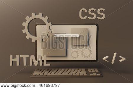 Programming Web Pages With Html And Css Code On A Desktop Computer. 3d Rendering.