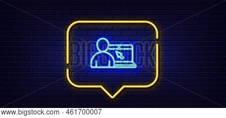 Neon Light Speech Bubble. Online Education Line Icon. Notebook Or Laptop With Mouse Cursor Sign. Int