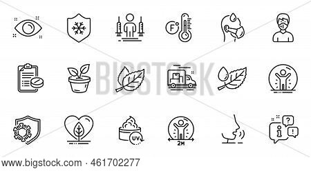 Outline Set Of Leaves, Social Distance And Clean Skin Line Icons For Web Application. Talk, Informat