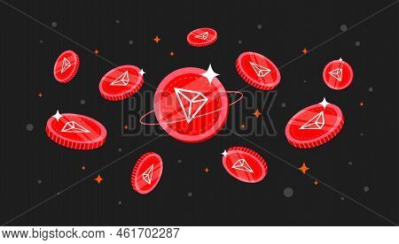Tron (trx) Coins Falling From The Sky. Trx Cryptocurrency Concept Banner Background.