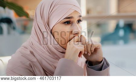 Close-up Upset Young Woman Gets Bad News Feels Stressful Anxiety Frustrated Muslim Girl Suffers From