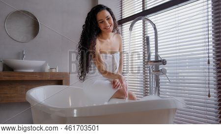 Attractive Young Happy Woman Taking Bath Washing Hands Under Running Hot Water Pretty Smiling Girl S