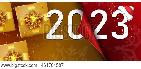 Happy New Year 2023, New Year Composition With Boxes And Gold Bows, Gold Tinsel.