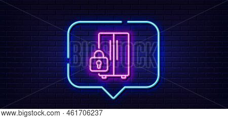 Neon Light Speech Bubble. Refrigerator Locked Line Icon. Fridge Child Lock Sign. Freezer Storage Sym