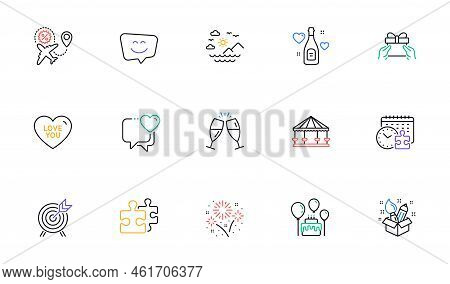 Heart, Creativity And Puzzle Line Icons For Website, Printing. Collection Of Champagne Glasses, Smil