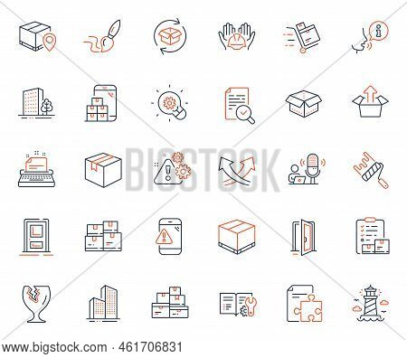 Industrial Icons Set. Included Icon As Lighthouse, Skyscraper Buildings And Parcel Web Elements. Mob