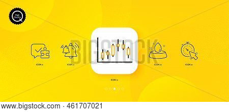 Candlestick Graph, Puzzle And Water Bowl Minimal Line Icons. Yellow Abstract Background. Bell, Timer