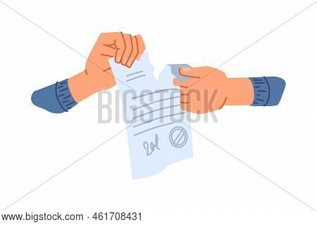 Businessman Hands Tearing Contract Or Business Agreement Paper. Isolated Ripped Page With Stamp And 