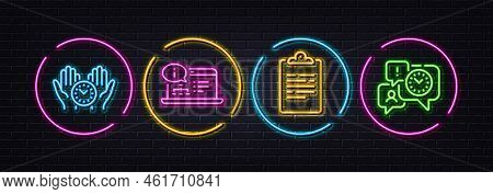Safe Time, Online Documentation And Clipboard Minimal Line Icons. Neon Laser 3d Lights. Time Managem