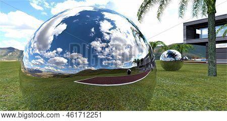 The Amazing Manor And Blue Cloudy Sky Is Reflected In A Huge Chrome Ball Set On The Lawn As A Decora