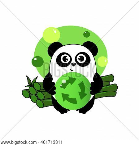 Cute Cartoon Panda With Bamboo  And Recykling Sign. Funny Character For Your Design. Green Energy Co