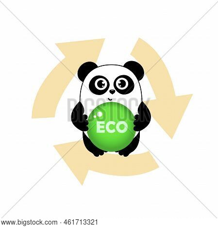 Cute Cartoon Panda Eco Banner And Recykling Sign. Funny Character For Your Design. Green Energy Conc