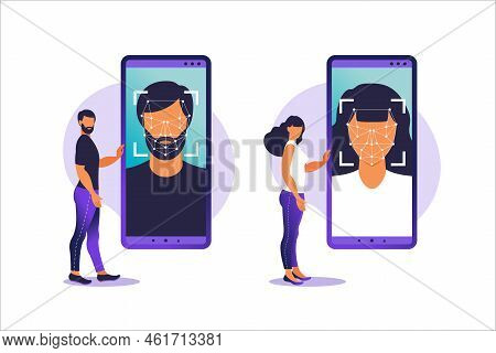 Face Id, Face Recognition System. Facial Biometric Identification System Scanning On Smartphone. Fac