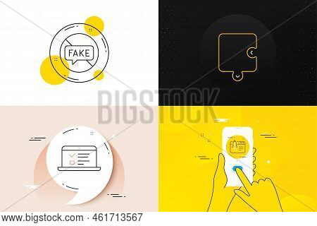 Minimal Set Of Start Business, Puzzle And Fake News Line Icons. Phone Screen, Quote Banners. Web Lec