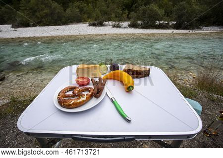 Brotzeit With Mountain River Isar In Bavaria