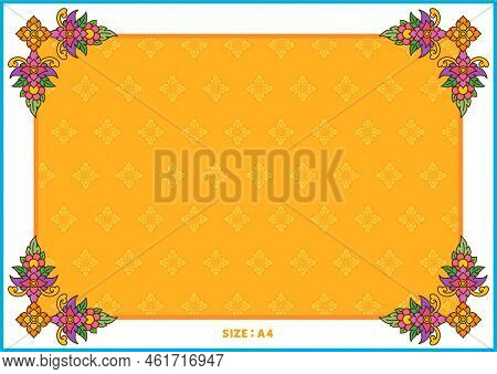Thai Pattern Filigree Decoration Border Orange Flower Frame A4 Template Vector Illustration