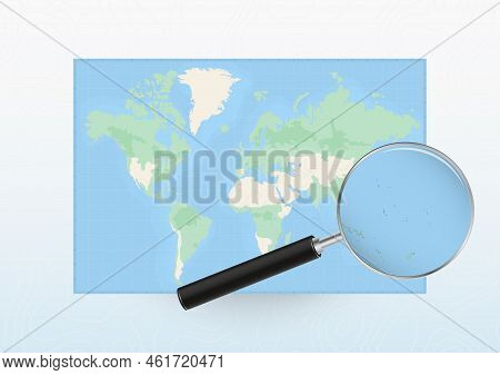 Map Of The World With A Magnifying Glass Aimed At Kiribati, Searching Kiribati With Loupe. Vector Ma