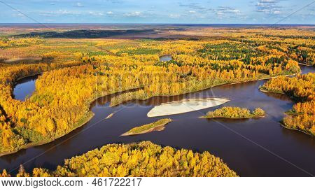 Aerial Photography Of Landscape In Western Siberia. Agan River. Autumn Landscape. Bird's Eye View.