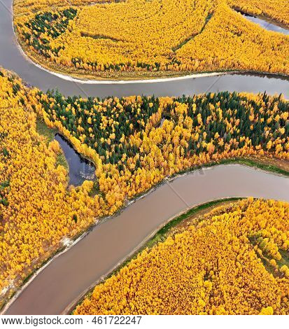 Aerial Photography Of Landscape In Western Siberia. Agan River. Autumn Landscape. Bird's Eye View.