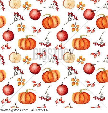 Seamless Pattern With Pumpkins, Rose Hips, Rowan And Apples. Pattern Without Background With Autumn 