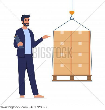 Inventory Manager Man Character Directs The Movement Of Goods Lying In Carton Boxes In Warehouse. St