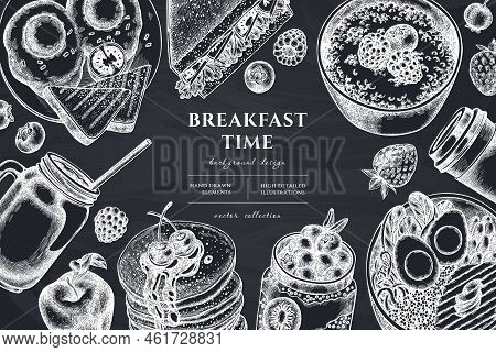 Breakfast Hand Drawn Illustration Design. Background With Chalk Sandwich, Pancakes, Bowl With Avocad